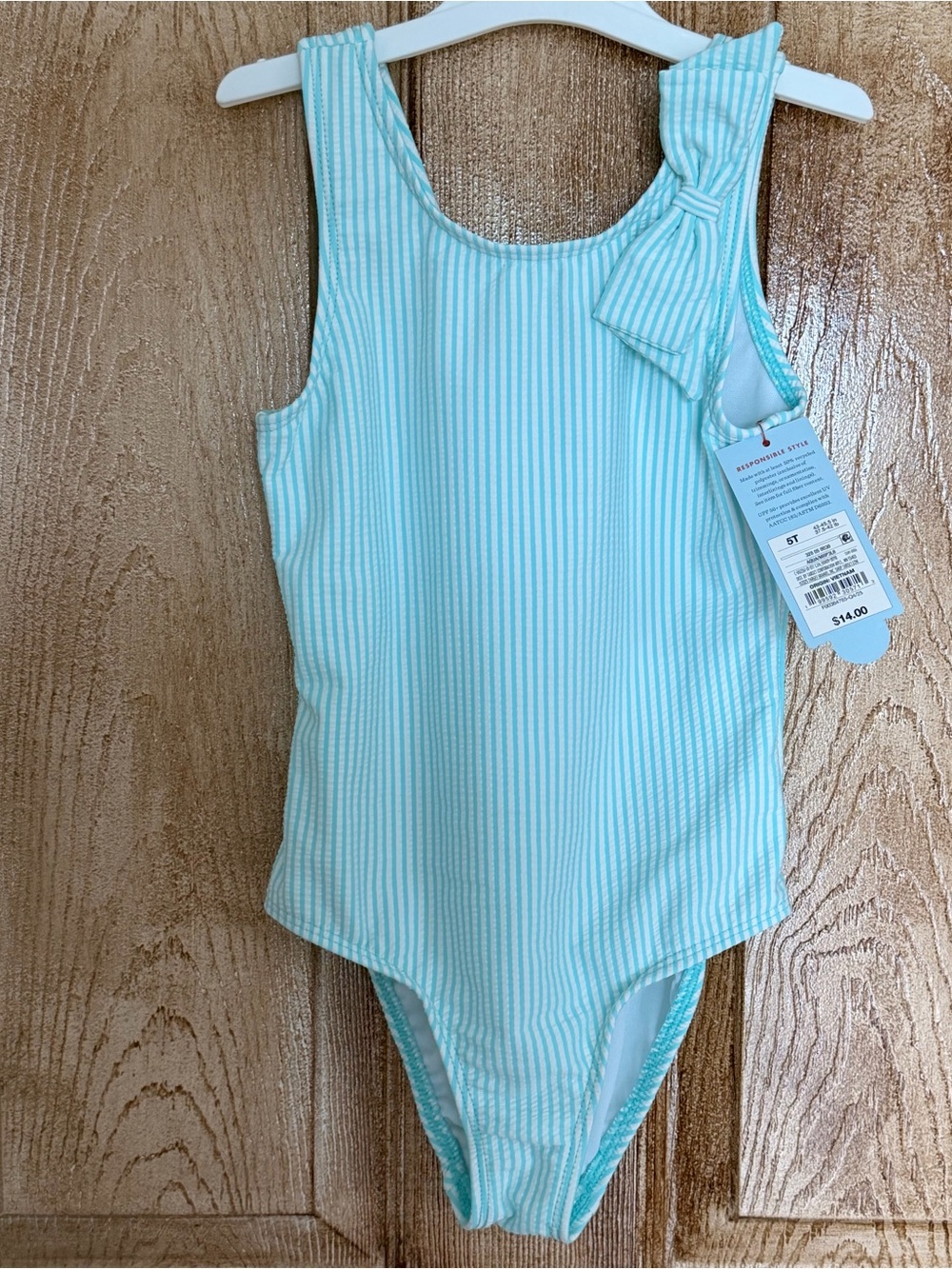 Cat & Jack Mint Striped One-Piece Swimsuit with Shoulder Bow